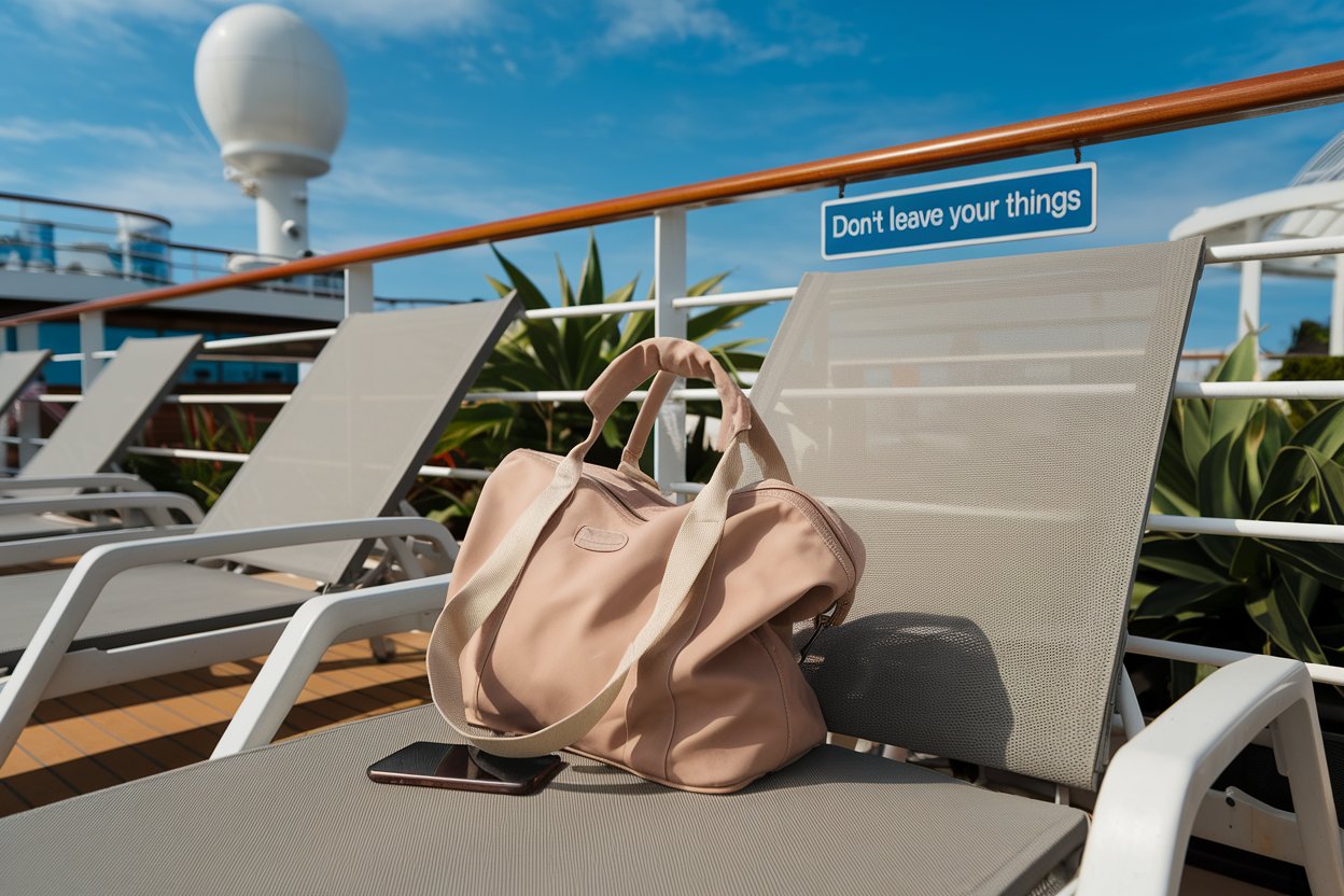 bag and phone left on a sunlounger on a cruise ship.