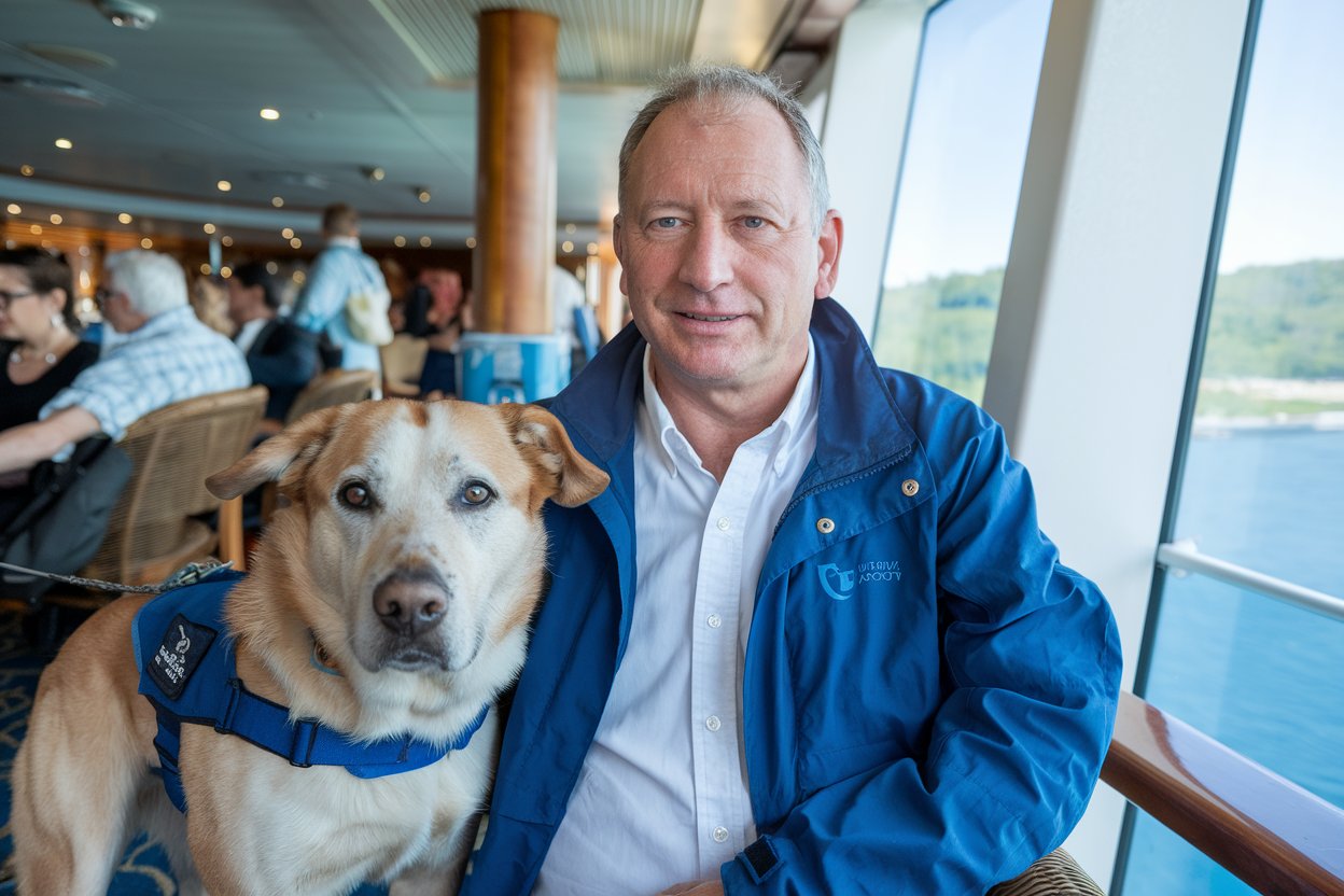 man with a guide dog on Queen Elizabeth cruise ship