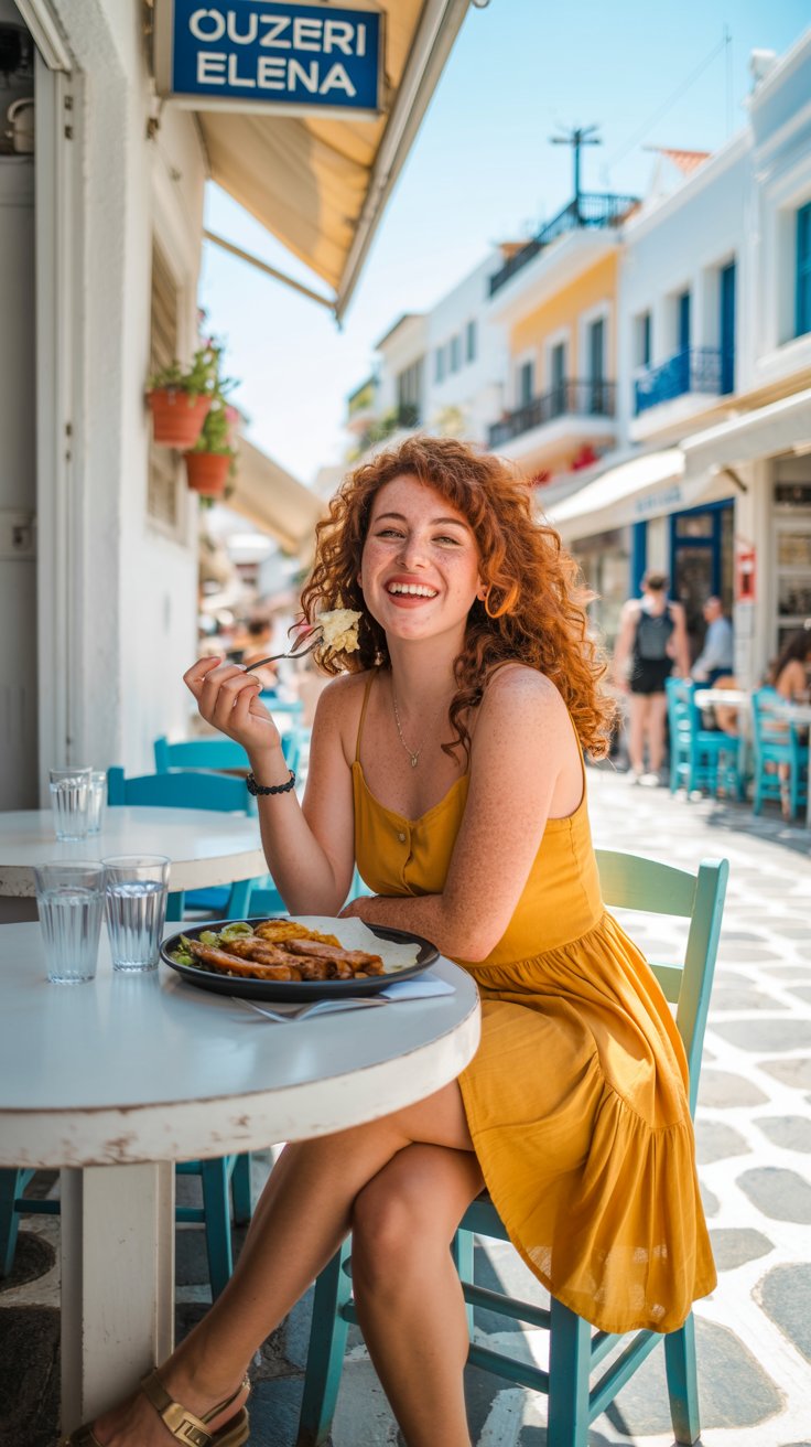 Lady from a cruise ship in a restaurant in Athens