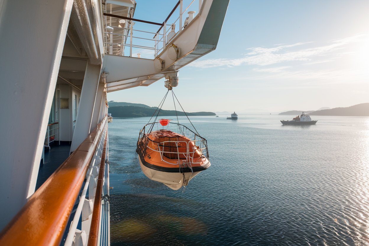 Life boat being lifted down from a cruise ship