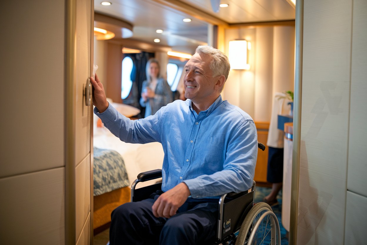 Man in a wheelchair in his cabin on Queen Elizabeth cruise ship