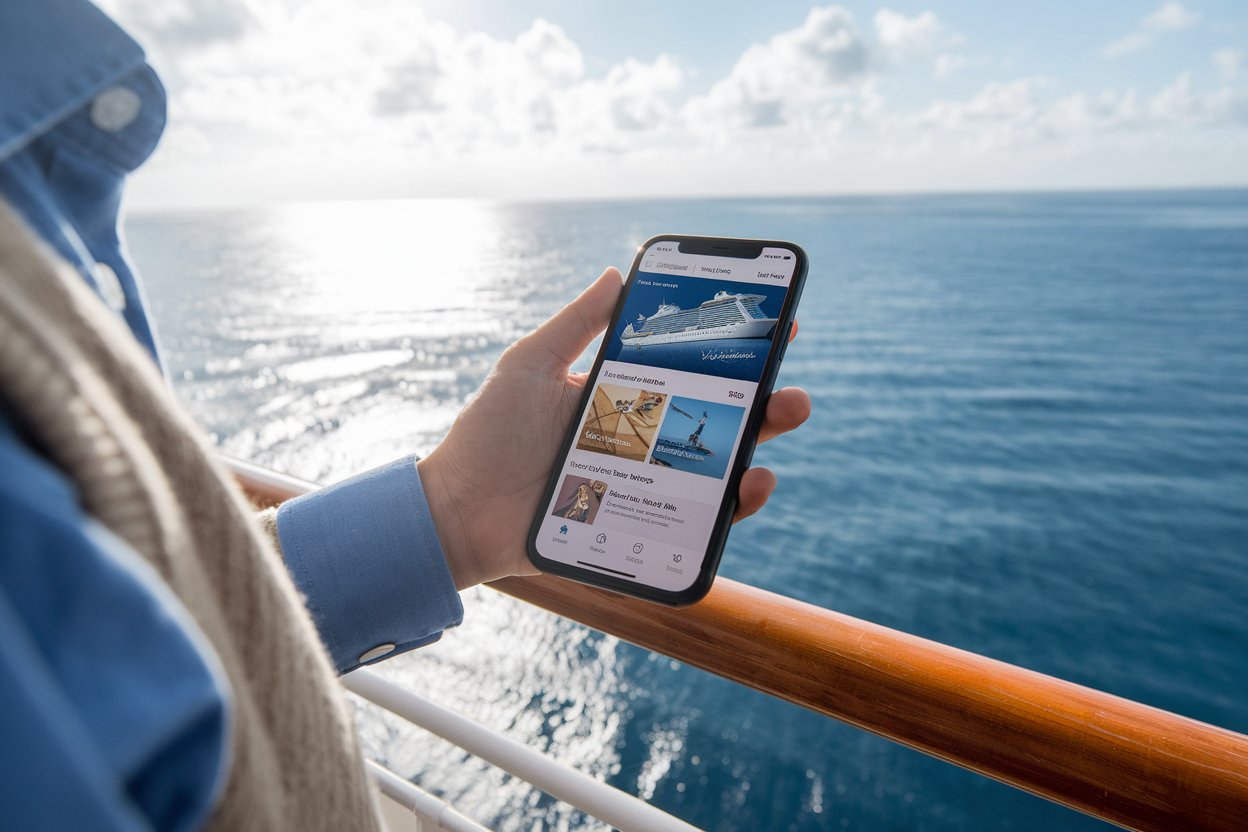 Mobile phone screen showing a cruise ship app in the hand of a guest