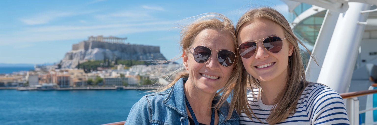 Mother and daughter on a cruise ship in Athens