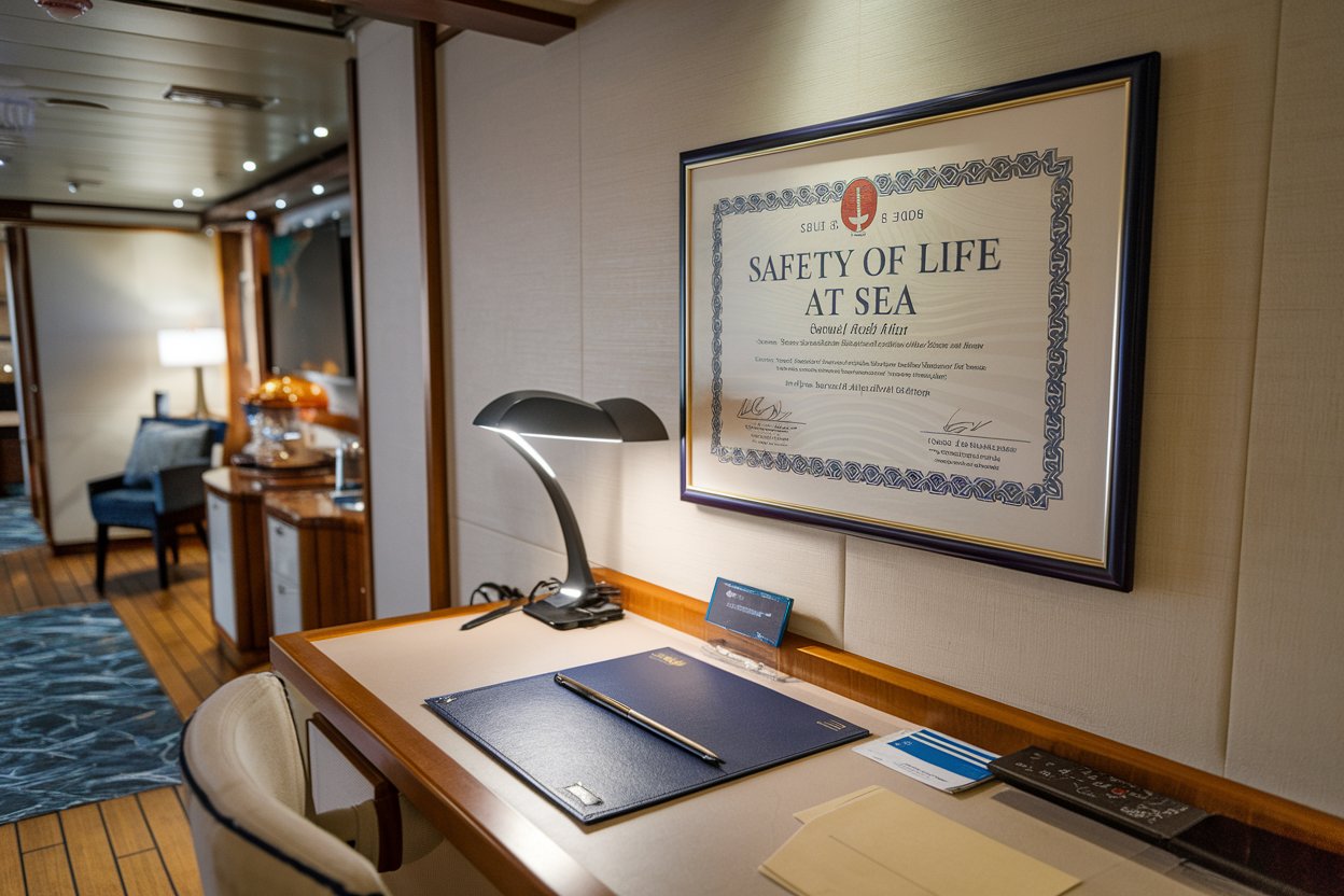 Sign reading Safety of Life at Sea Certificate on a cruise ship