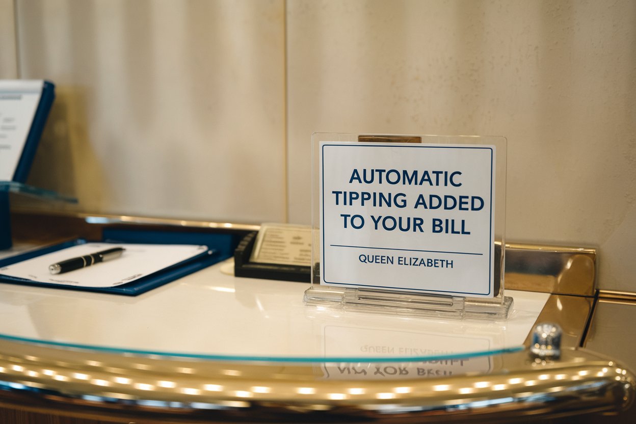 Sign saying automatic tipping added to bill on Queen Elizabeth cruise ship