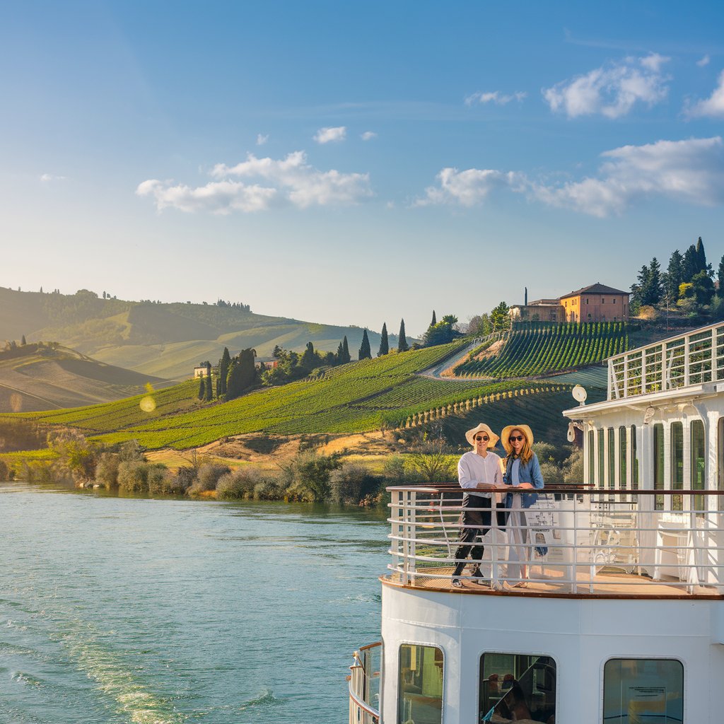 2 guests on a river cruise ship with Italy in the background