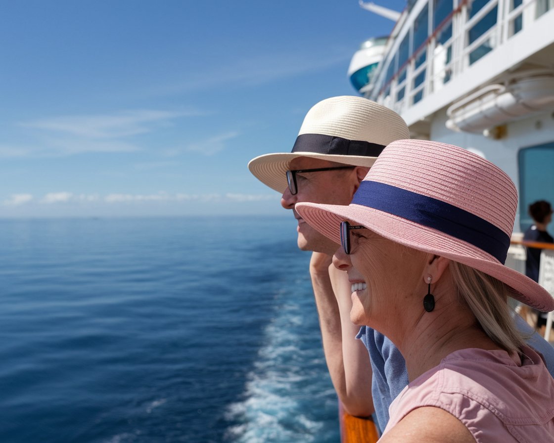 2 guests with sun hat and glasses on the Norwegian Epic Cruise Ship