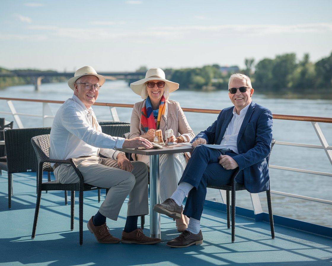 3 older guests casually dressed on the deck of a river cruise