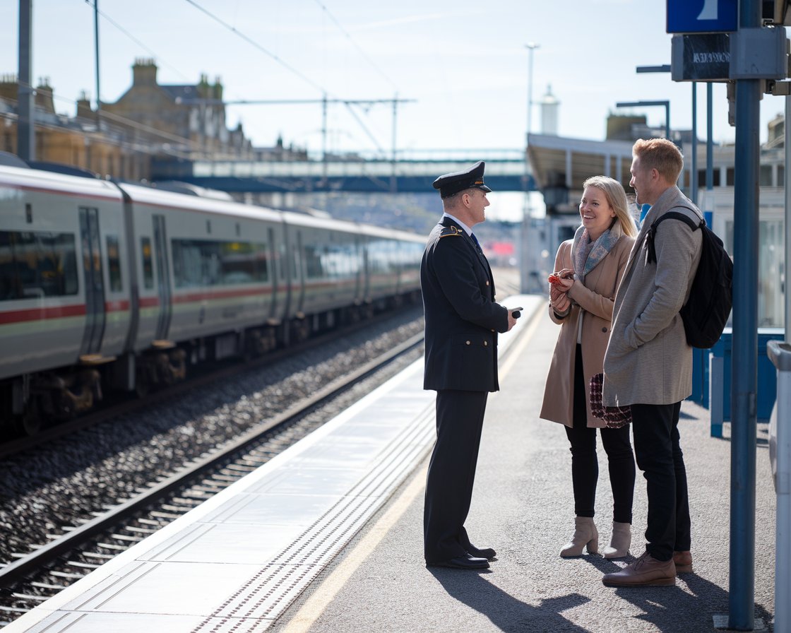 A couple talking to the train conductor. It is a sunny day at Port of Leith. A train is arriving at a station in the background.