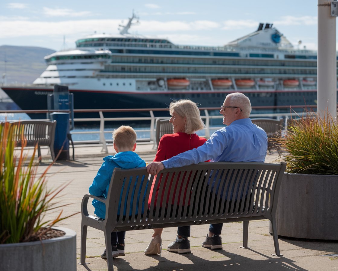 A family of 3 waiting at the Port of Cromarty Firth (Invergordon) Terminal with comfortable seating areas, perfect for relaxing while waiting. It's a sunny day with a cruise ship in the background.