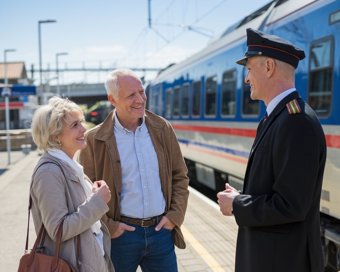 A older couple taking to the train conductor. It is a sunny day. A train is arriving at a station in the background.