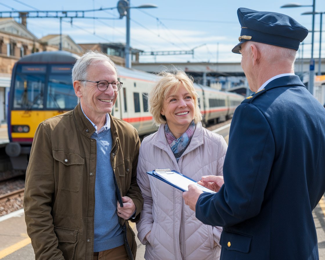 A older couple talking to the train conductor at Rosyth Port. It is a sunny day. A train is arriving at a station in the background.