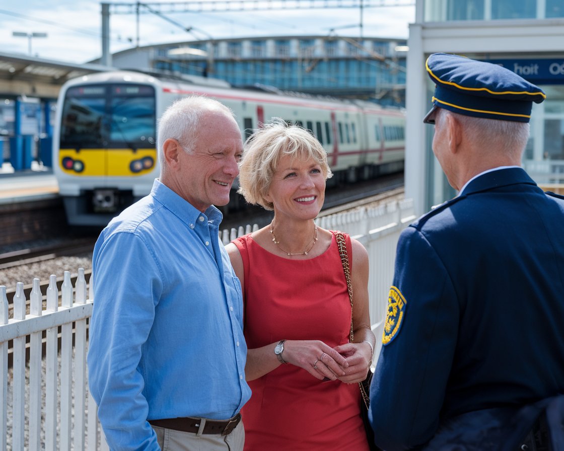 A older couple talking to the train conductor. It is a sunny day at Harwich International Port. A train is arriving at a station in the background.