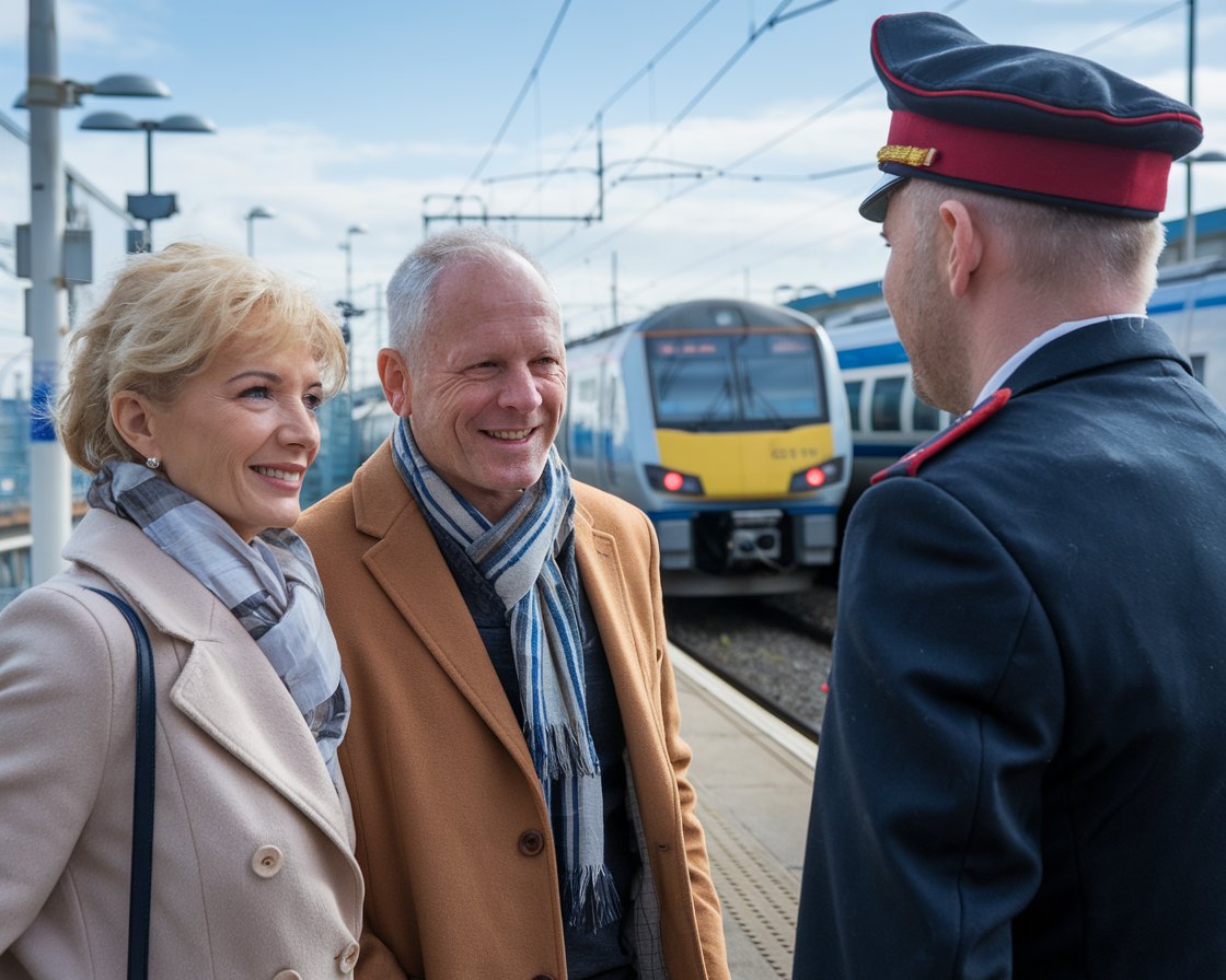 A older couple talking to the train conductor. It is a sunny day at Port of Dover. A train is arriving at a station in the background.