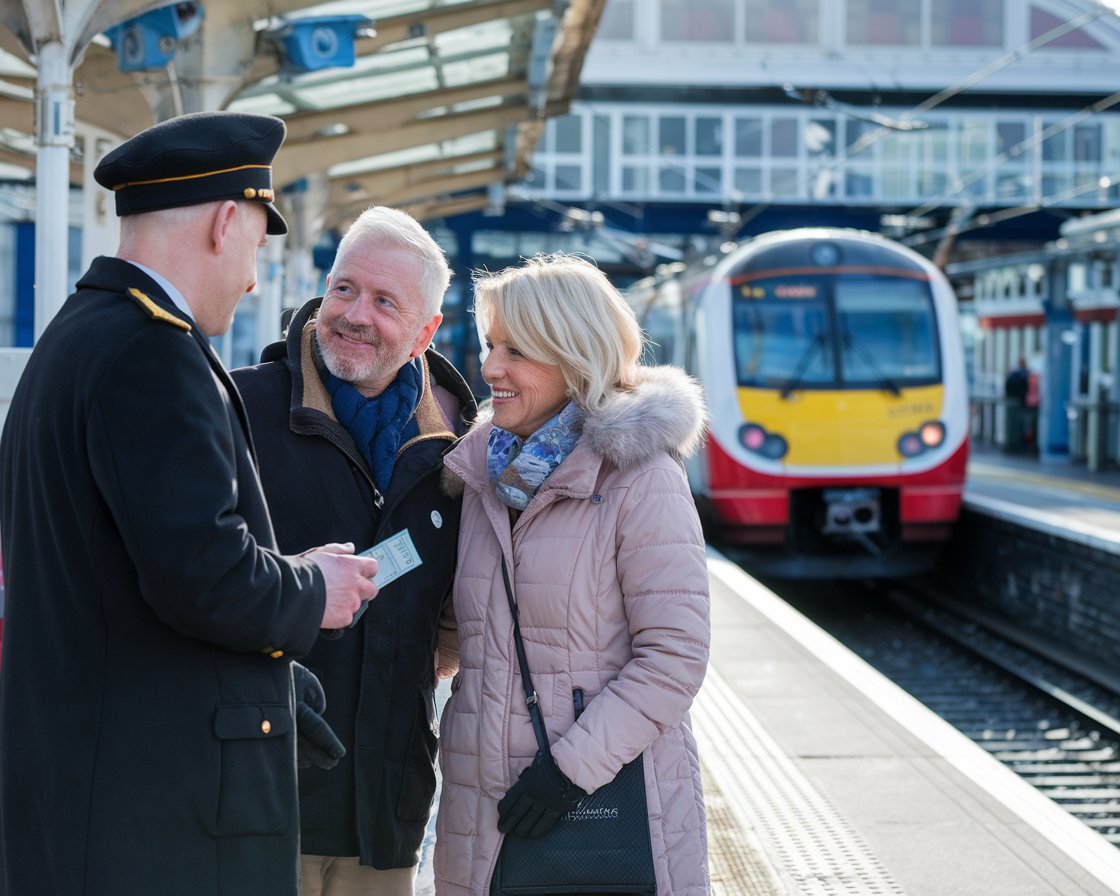 A older couple talking to the train conductor. It is a sunny day at Port of Hull. A train is arriving at a station in the background.