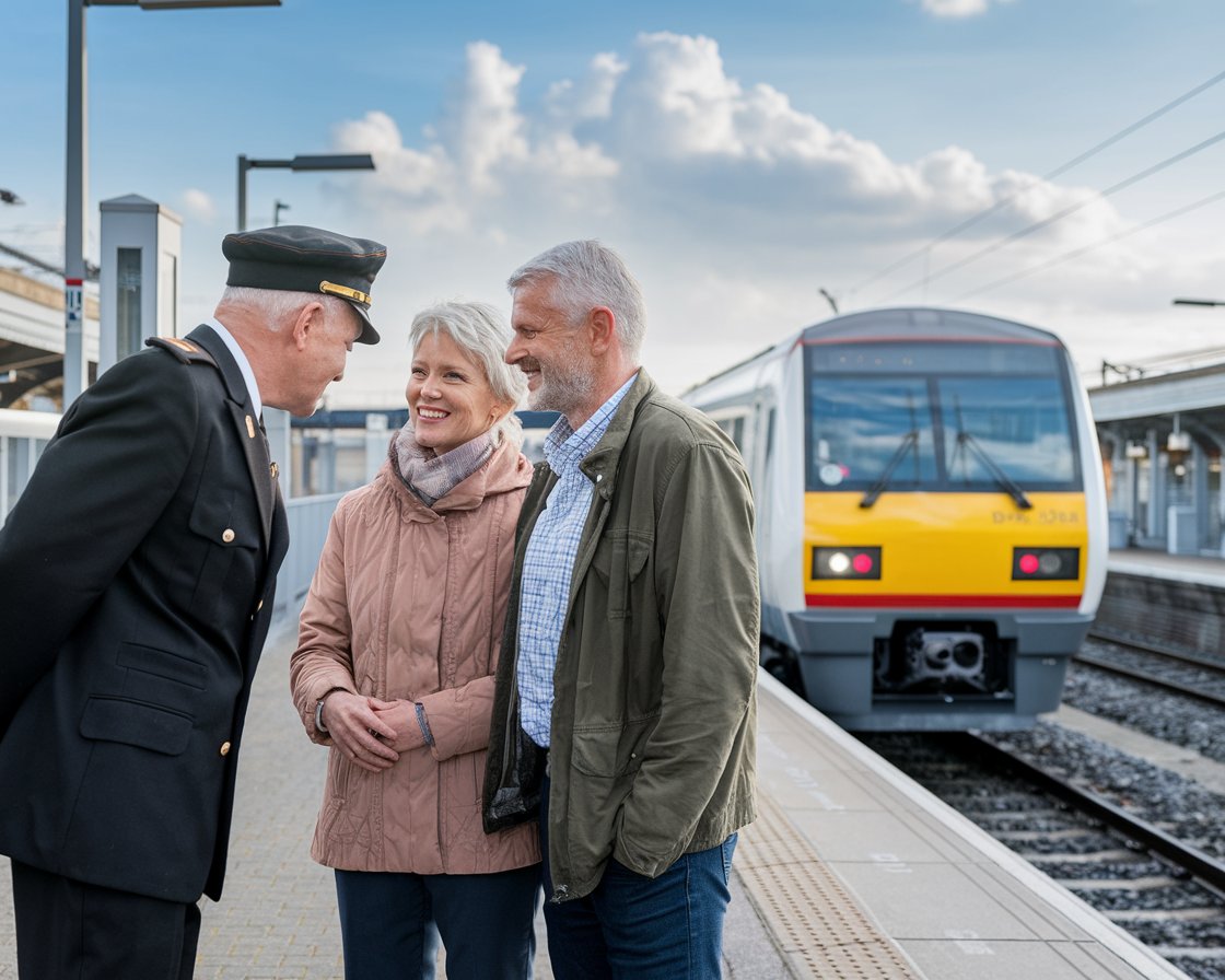 A older couple talking to the train conductor. It is a sunny day. A train is arriving at a station in the background at Port of Tilbury