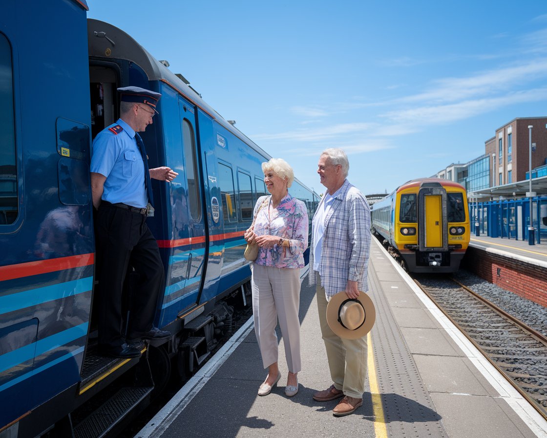 A older couple talking to the train conductor. It is a sunny day. A train is arriving at a station in the background near Greenock Ocean Terminal Port