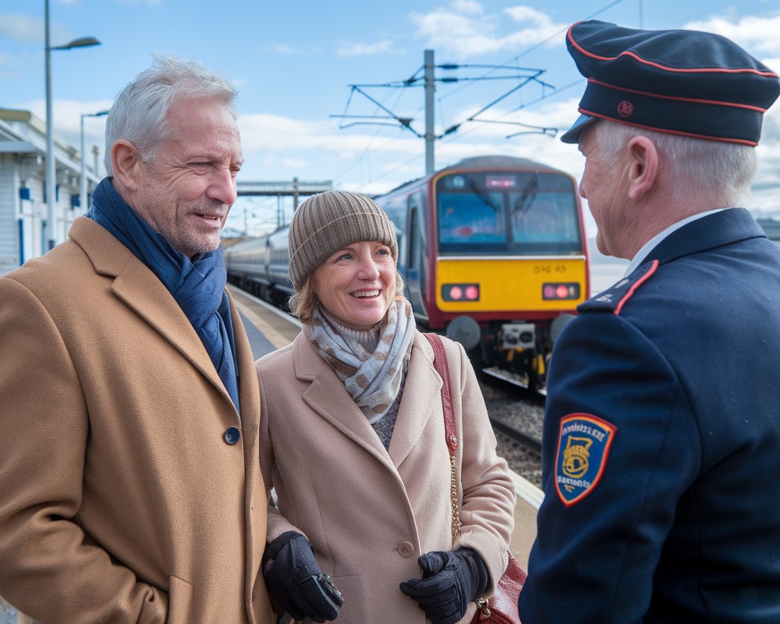 A older couple talking to the train conductor. It is a sunny day. A train is arriving at a station in the background near Port of Cromarty Firth (Invergordon).