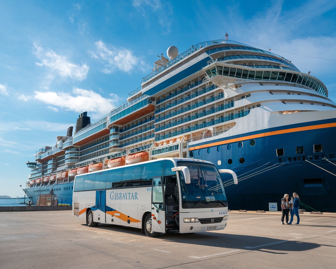 A photo of a tour bus at the Port of Gibraltar with a cruise ship in the background on a sunny day.