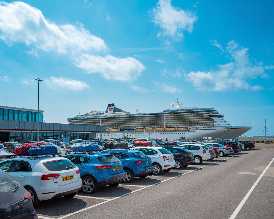 A photo of cars parked at the Port of Southampton terminal, with a cruise ship in the background on a sunny day.