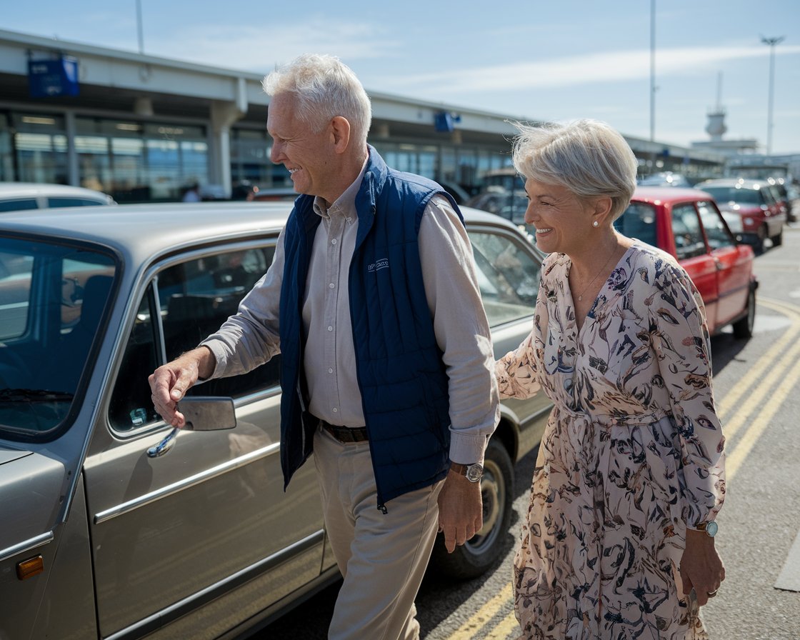 An older couple arrived in car at Port of Southampton in a casual attire. It is a sunny day. Other cars arriving at a station in the background