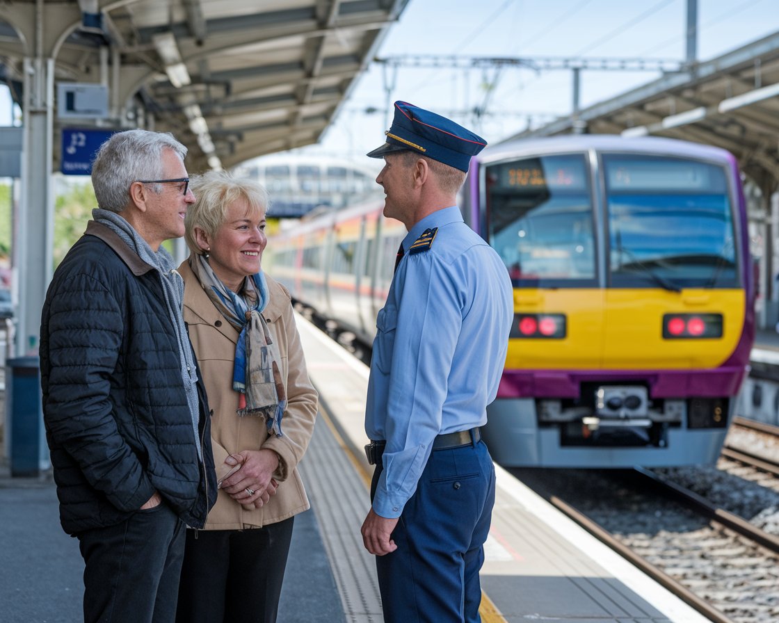 An older couple talking to the train conductor. It is a sunny day. A train is arriving at a station in the background.