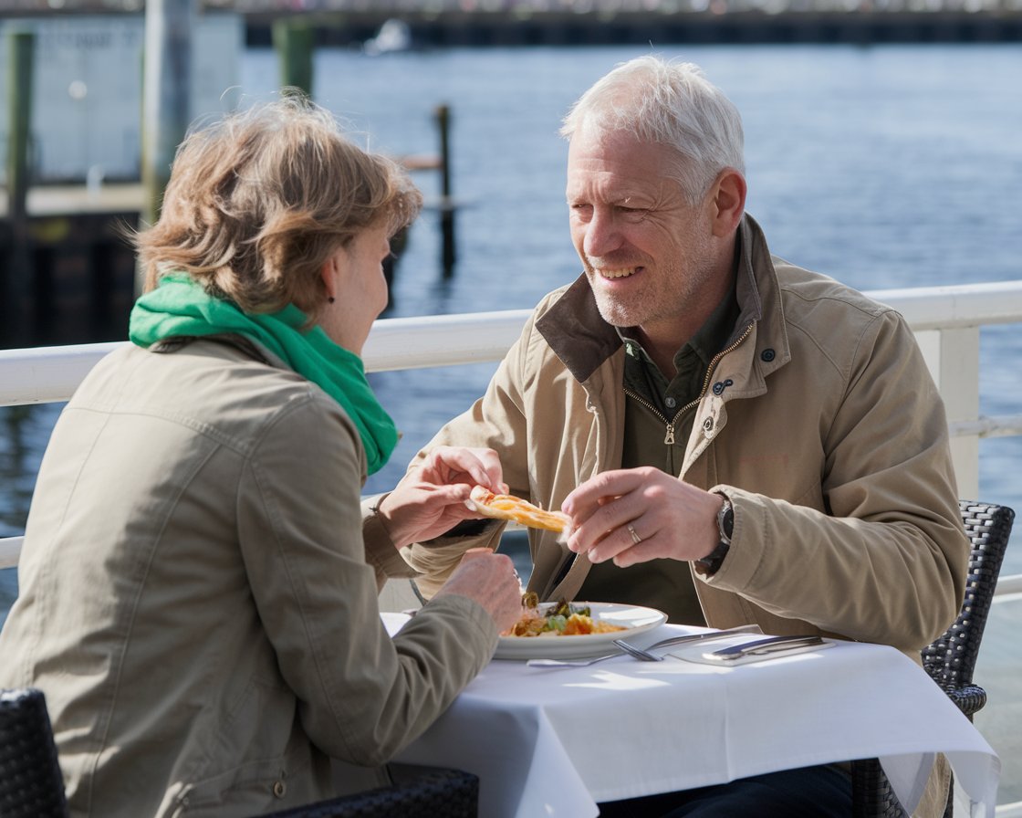 An older man and lady having a casual lunch in The Dock Cafe near Belfast Harbour Port