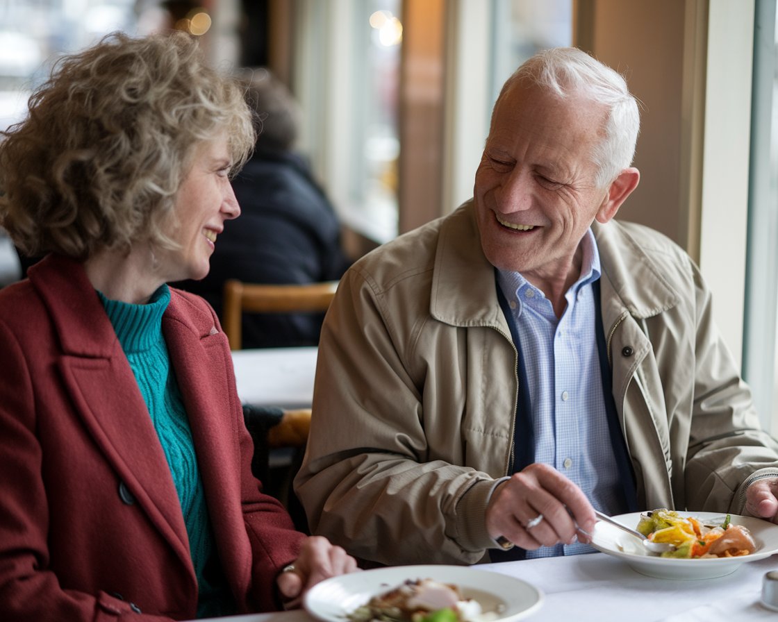 An older man and lady having a casual lunch in a restaurant near Bristols Port of Avonmouth