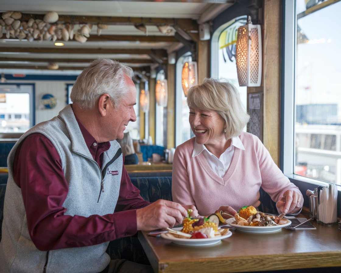 An older man and lady having a casual lunch in a restaurant near Greenock Ocean Terminal Port