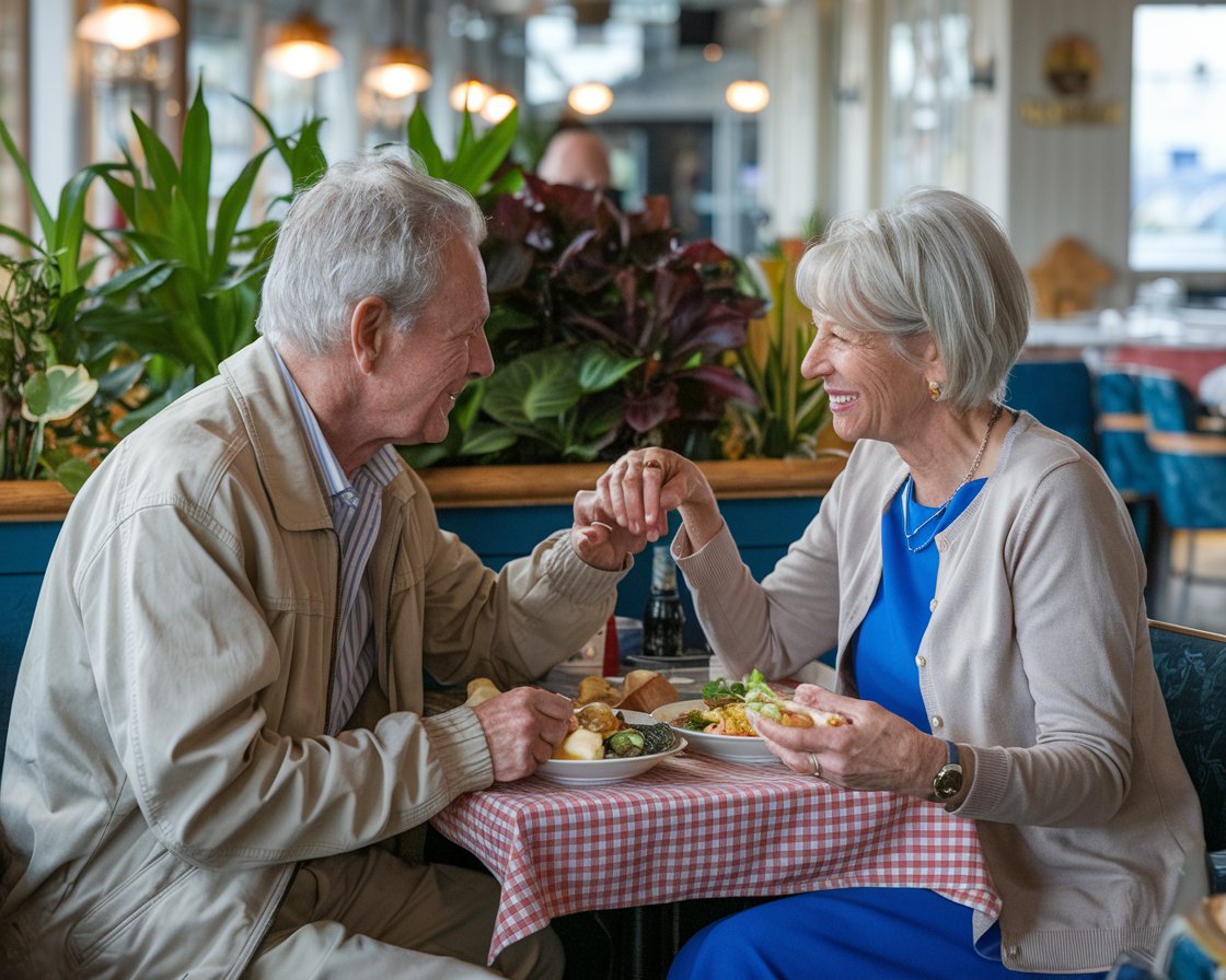 An older man and lady having a casual lunch in a restaurant near Harwich International Port