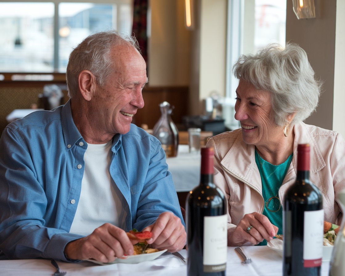 An older man and lady having a casual lunch in a restaurant near Holyhead Port