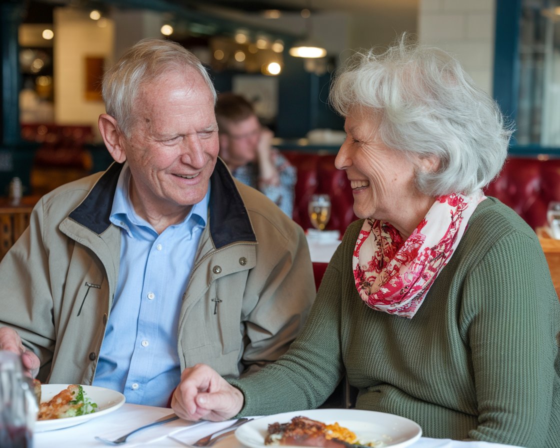 An older man and lady having a casual lunch in a restaurant near Port of Cromarty Firth (Invergordon)