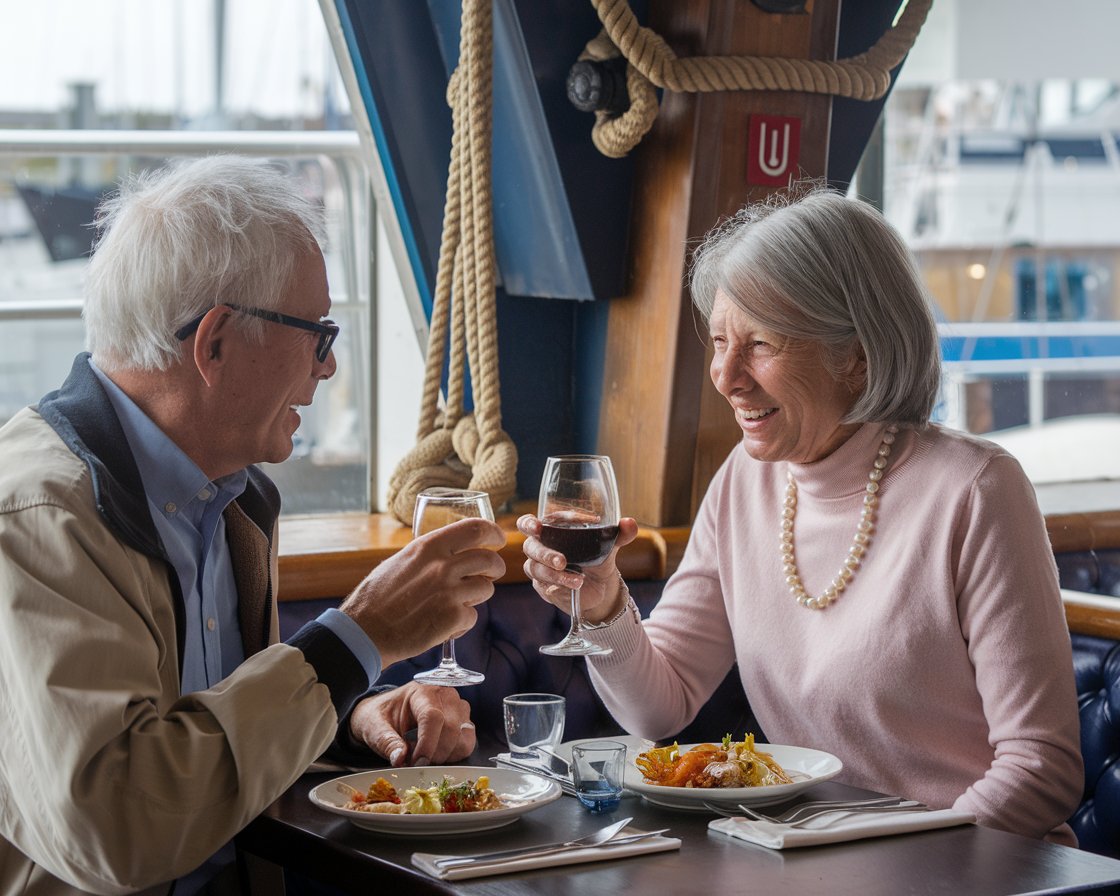 An older man and lady having a casual lunch in a restaurant near Port of Dover