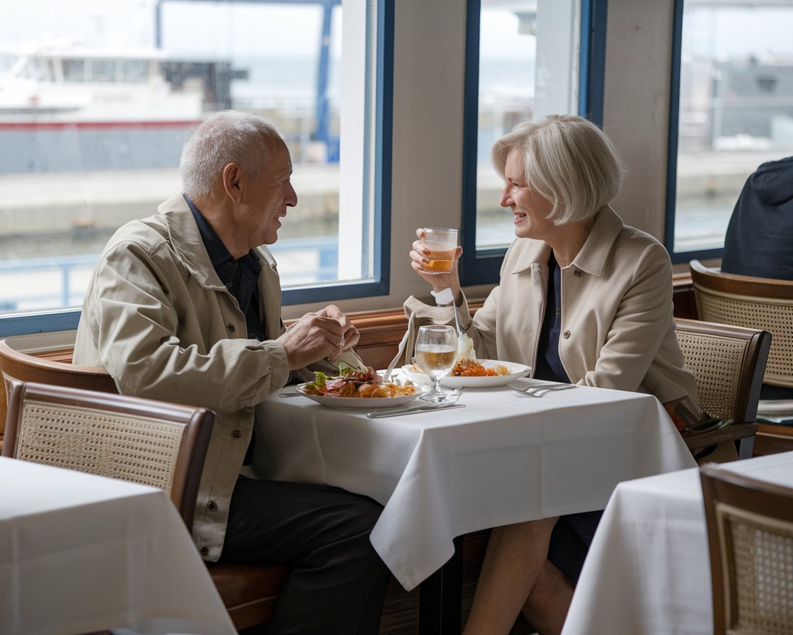 An older man and lady having a casual lunch in a restaurant near Port of Gibraltar