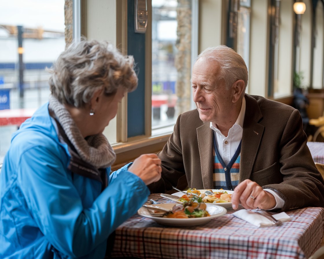 An older man and lady having a casual lunch in a restaurant near Port of Leith