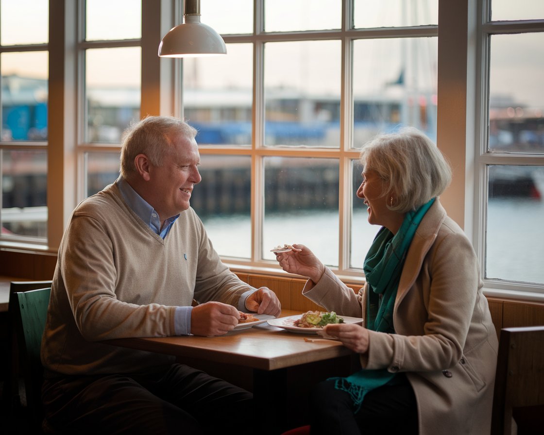 An older man and lady having a casual lunch in a restaurant near Port of Tilbury (London)