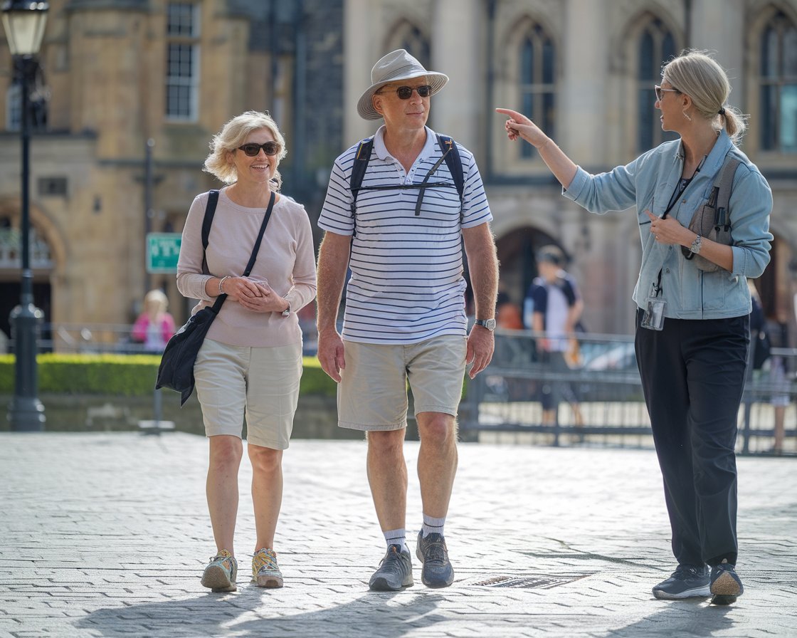 An older man and lady on a tour in Bristol. They are dressed in walking shoes and shorts with hat and sunglasses and have a tour guide pointing out the way on a sunny day.