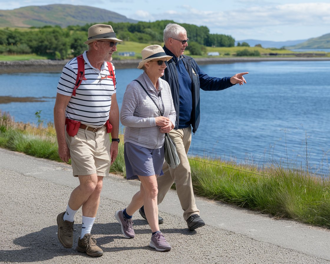 An older man and lady on a tour in Cromarty Firth (Invergordon). They are dressed in walking shoes and shorts with hat and sunglasses and have a tour guide pointing out the way on a sunny day.