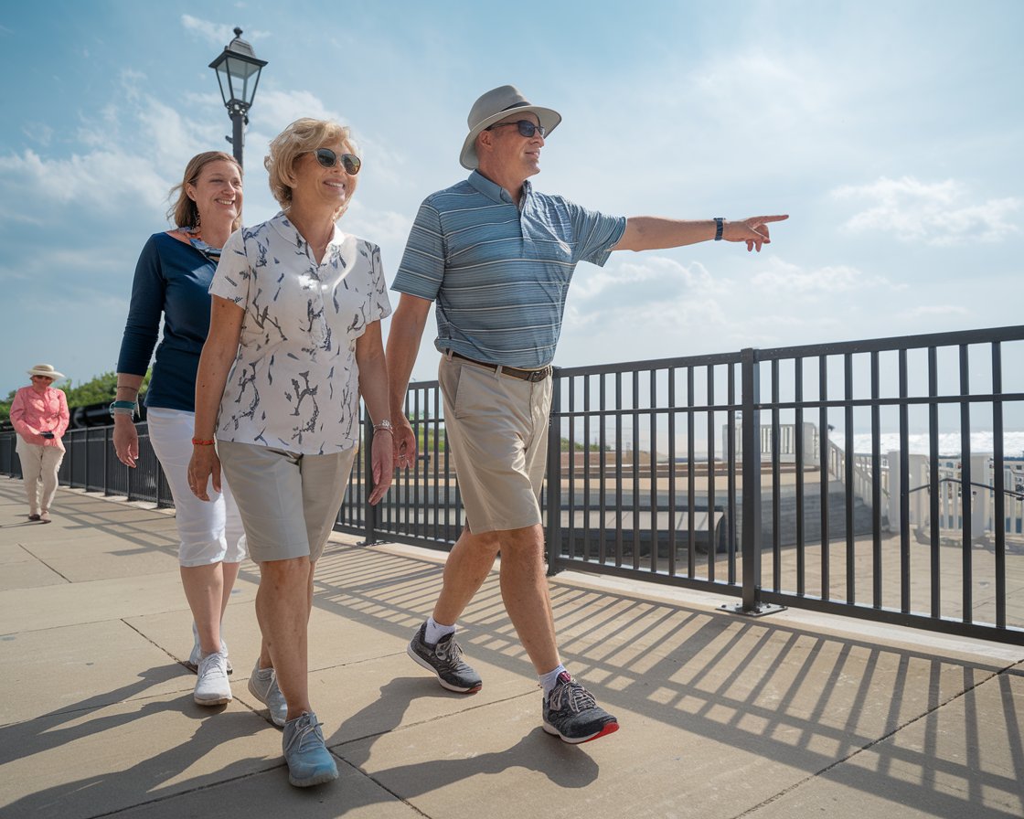 An older man and lady on a tour in Dover. They are dressed in walking shoes and shorts with hat and sunglasses and have a tour guide pointing out the way on a sunny day.