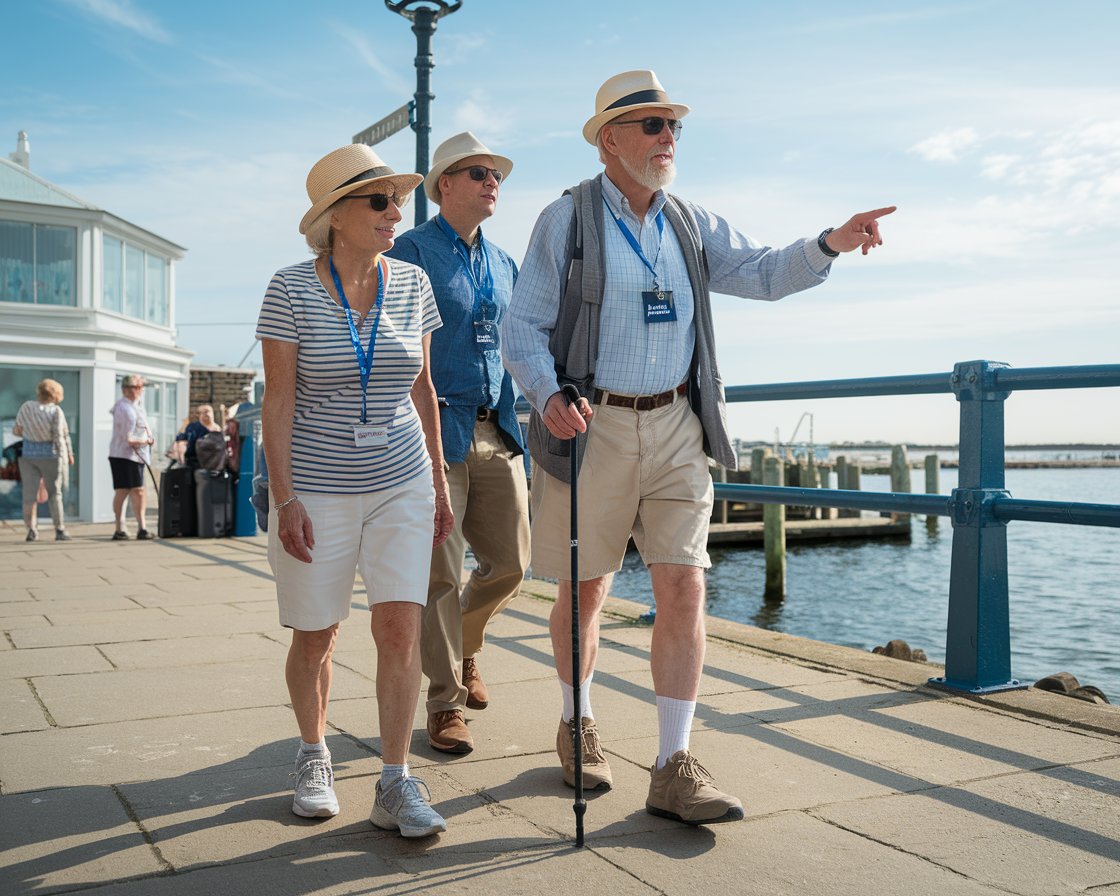 An older man and lady on a tour in Greenock. They are dressed in walking shoes and shorts with hat and sunglasses and have a tour guide pointing out the way on a sunny day