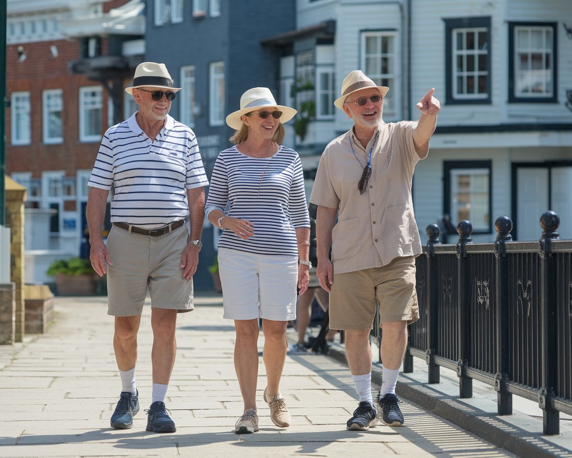 An older man and lady on a tour in Harwich. They are dressed in walking shoes and shorts with hat and sunglasses and have a tour guide pointing out the way on a sunny day.