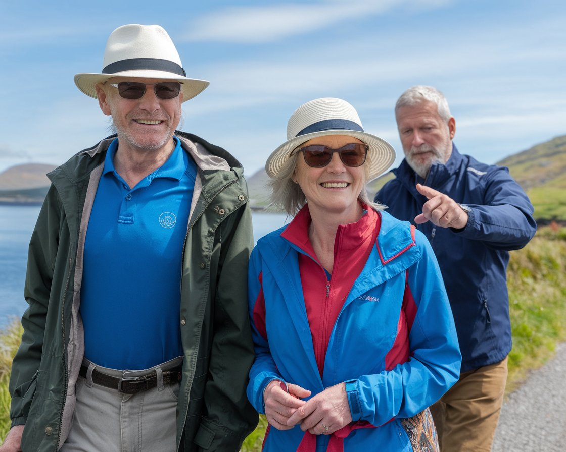 An older man and lady on a tour in Holyhead. They are dressed in walking shoes and shorts with hat and sunglasses and have a tour guide pointing out the way on a sunny day