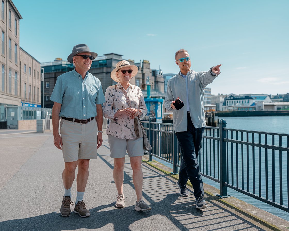 An older man and lady on a tour in Leith. They are dressed in walking shoes and shorts with hat and sunglasses and have a tour guide pointing out the way on a sunny day.