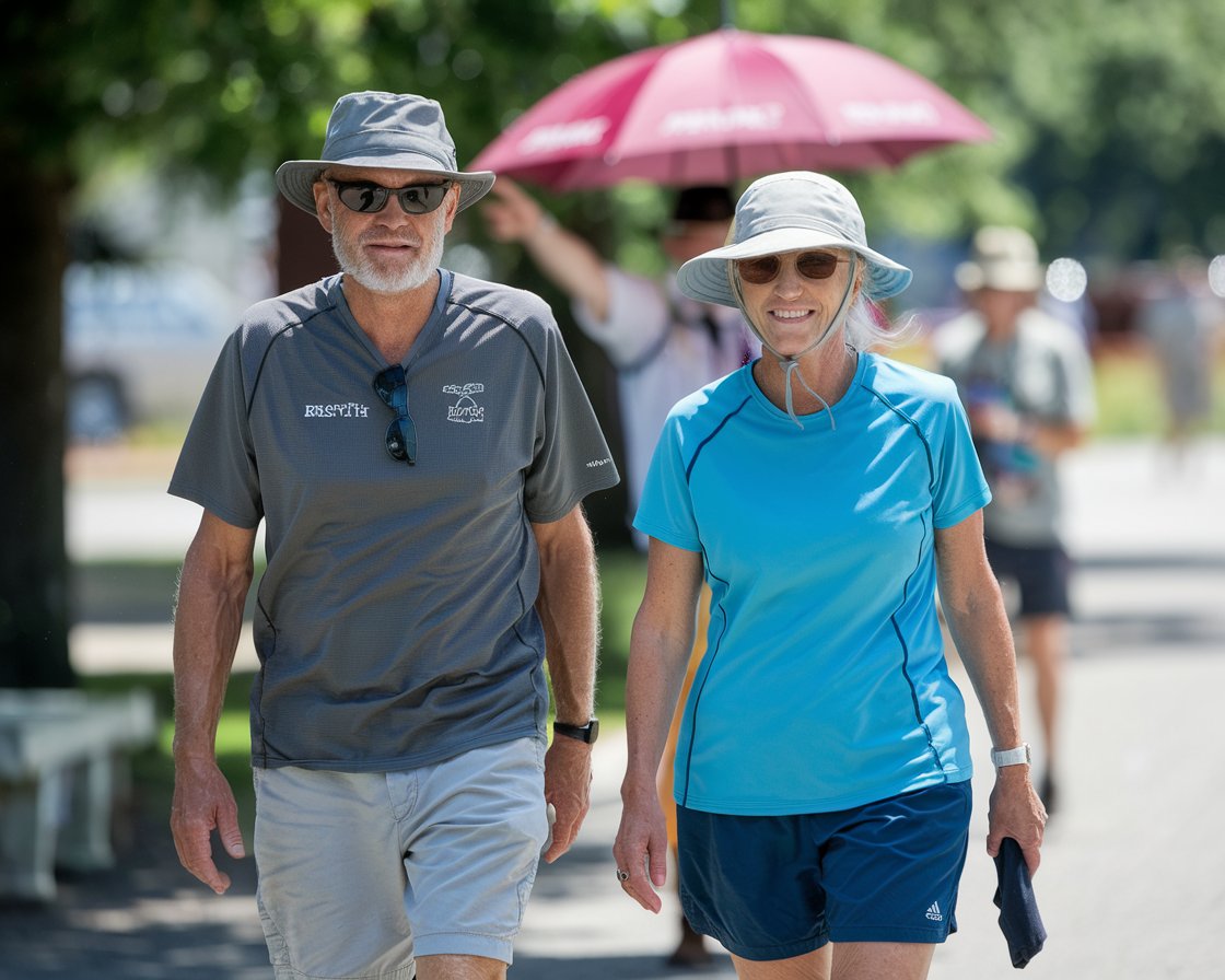 An older man and lady on a tour in Rosyth. They are dressed in walking shoes and shorts with hat and sunglasses and have a tour guide pointing out the way on a sunny day.