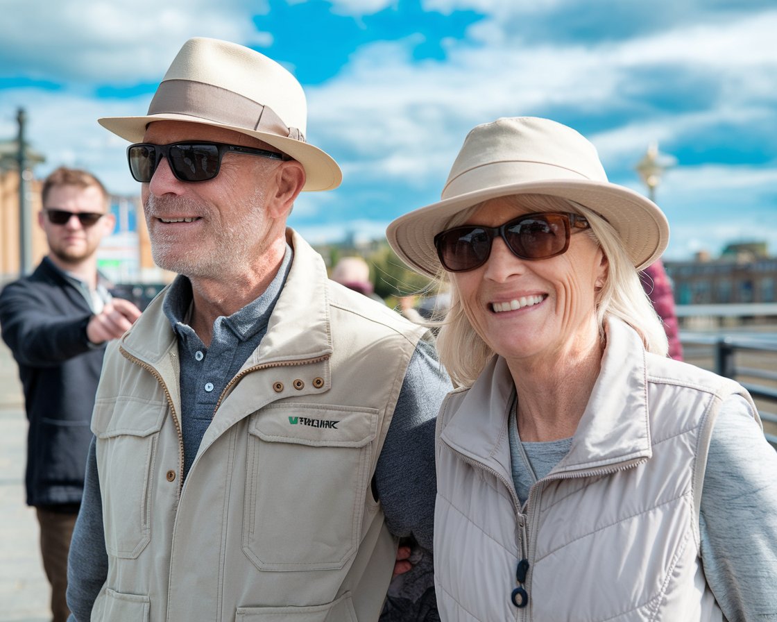 An older man and lady on a tour in Tilbury. They are dressed in walking shoes and shorts with hat and sunglasses and have a tour guide pointing out the way on a sunny day