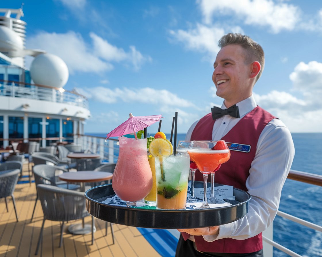 Bar tender holding a tray of drinks on a cruise ship