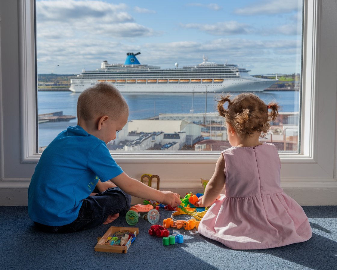 Boy and a girl sitting on the floor playing. There is a cruise ship in the background on a sunny day at Belfast Harbour Port