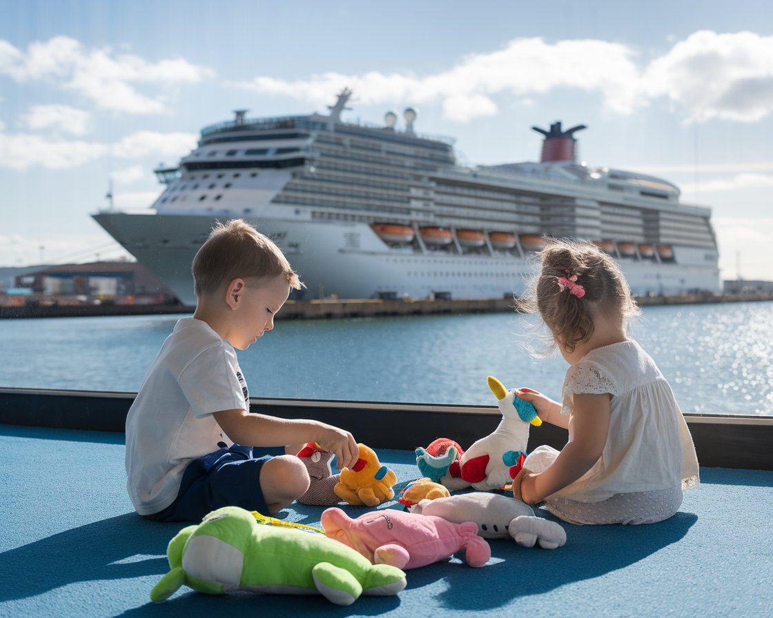 Boy and a girl sitting on the floor playing. There is a cruise ship in the background on a sunny day at Greenock Ocean Terminal