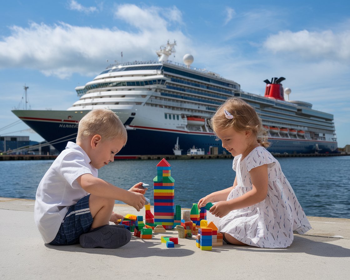 Boy and a girl sitting on the floor playing. There is a cruise ship in the background on a sunny day at Harwich International Port