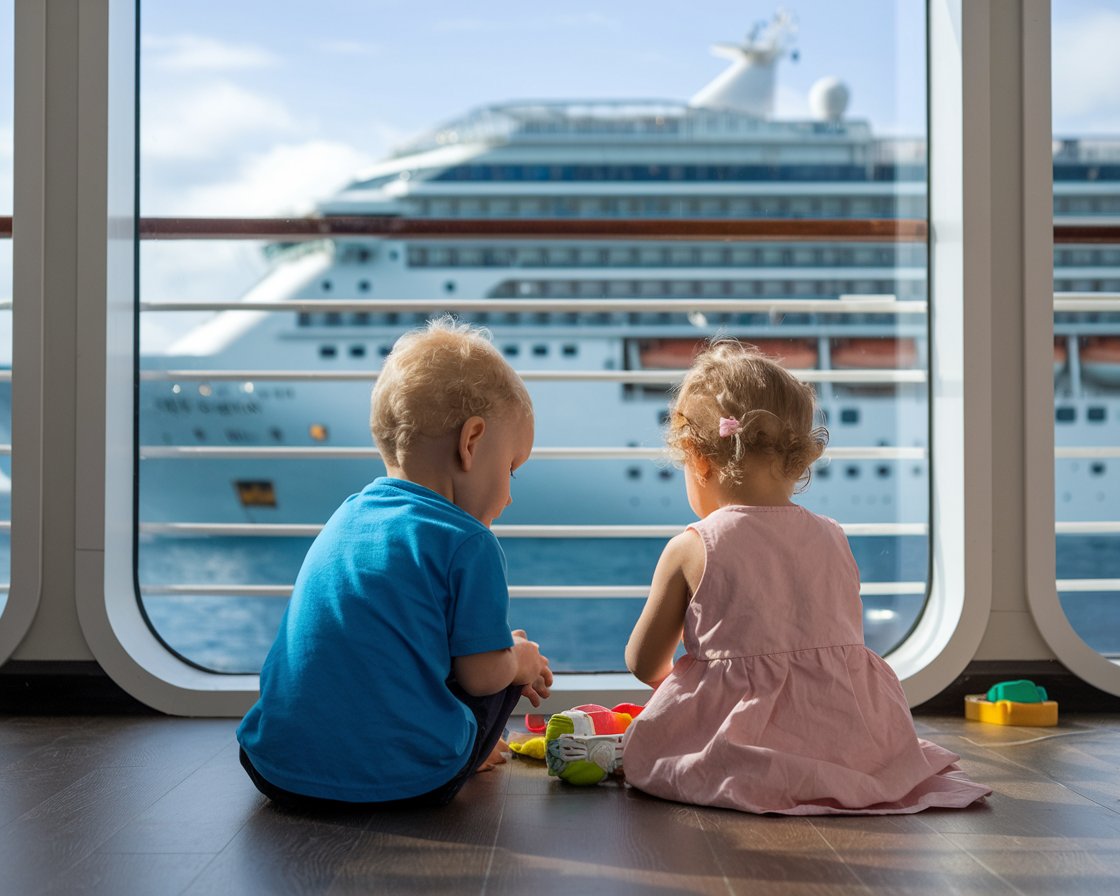 Boy and a girl sitting on the floor playing. There is a cruise ship in the background on a sunny day at Port of Cromarty Firth (Invergordon)